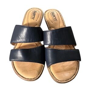 Born Womens Navy Blue Leather Double Strap Wedge Slide Sandals F66034 Size 6M
